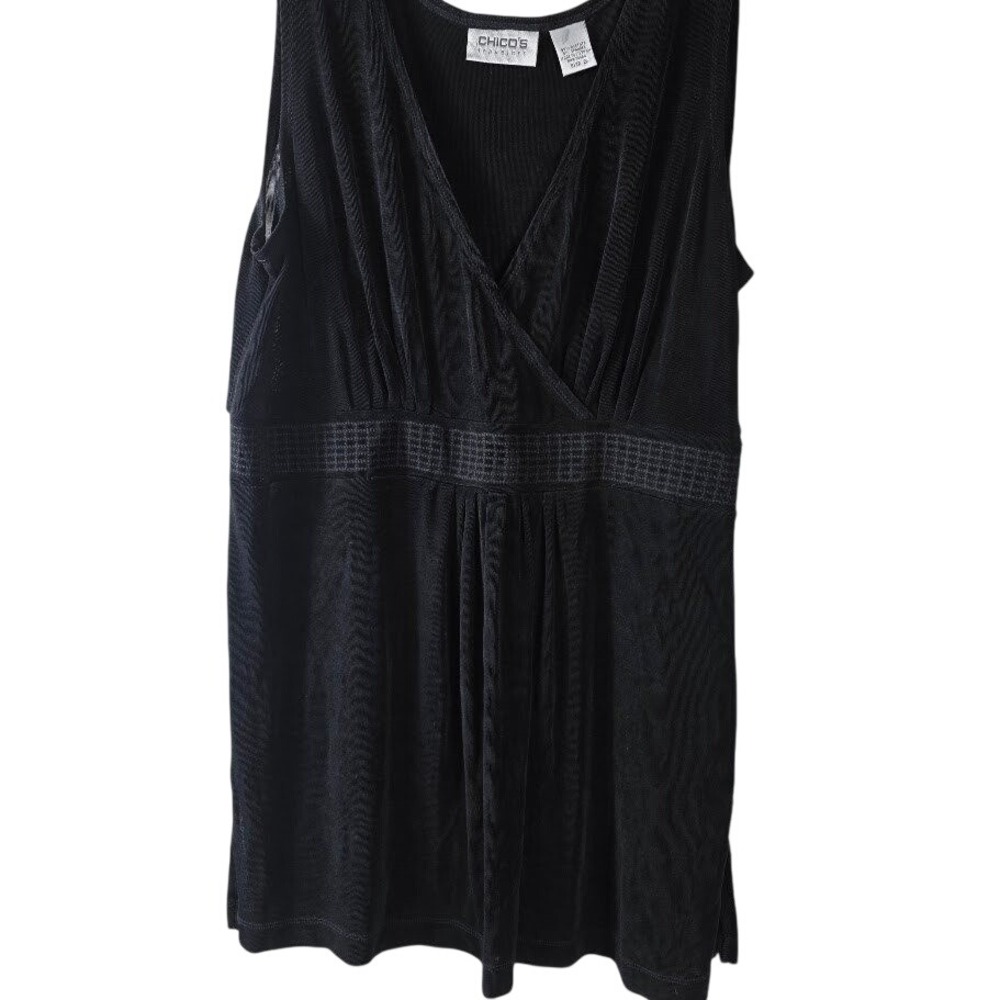 Chicos Travelers Size 2 (Med) Black V Neck‎ Sleeveless Pleated Waist Tunic Top